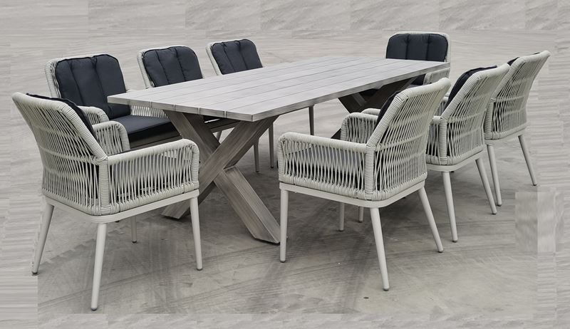 Set Τραπεζαρία Κήπου ALU & Rope Grey-Μαξιλ.Ανθρακί: Τραπέζι 220x94 + 8 Πολυθρόνες 1