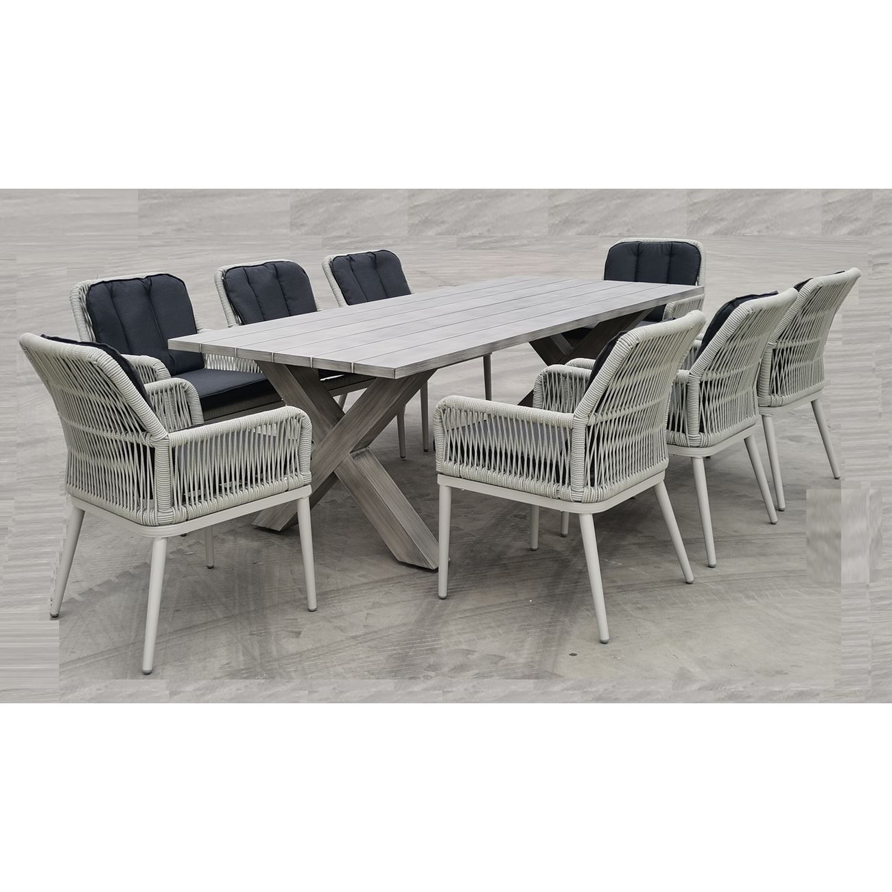 Set Τραπεζαρία Κήπου ALU & Rope Grey-Μαξιλ.Ανθρακί: Τραπέζι 220x94 + 8 Πολυθρόνες 2