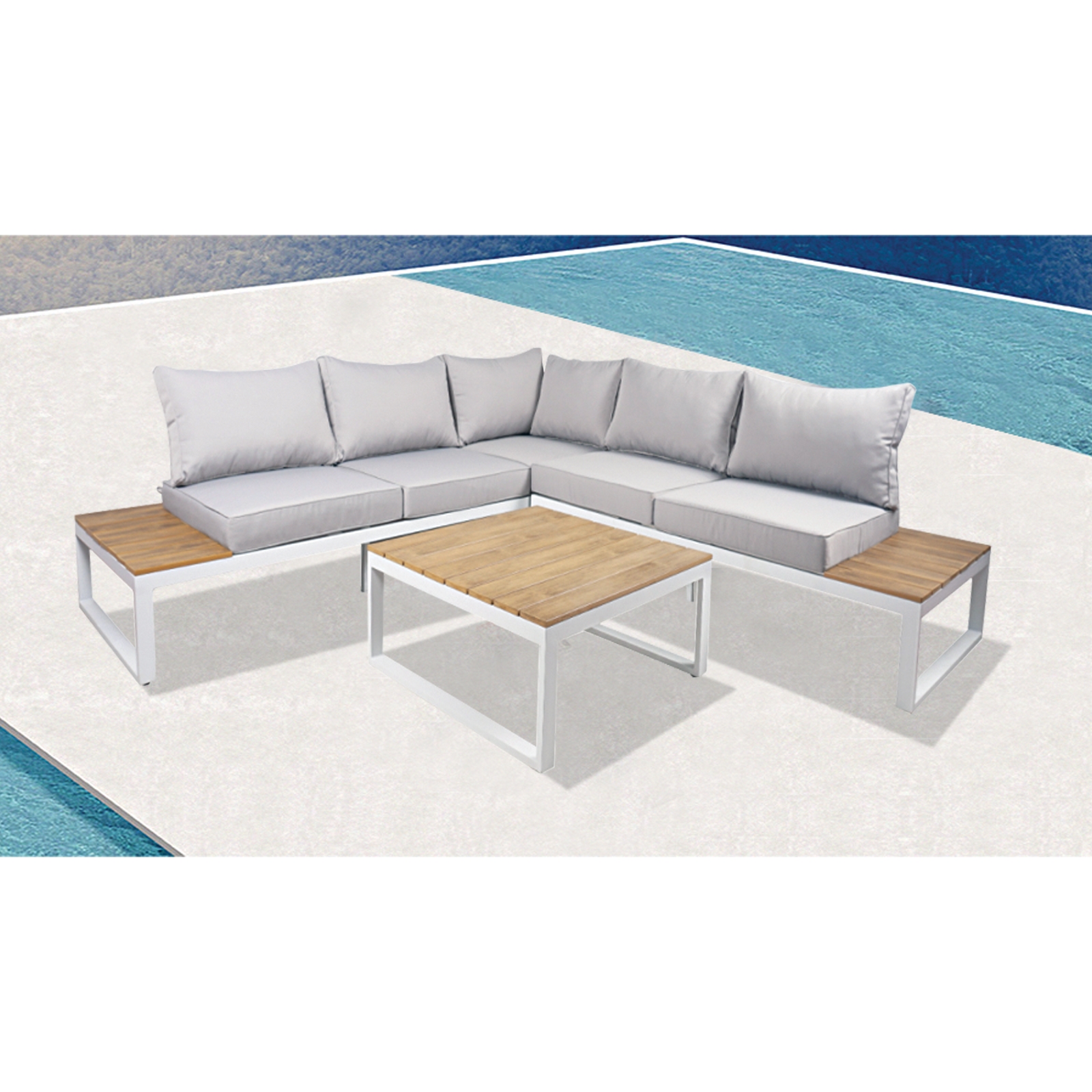 Set Σαλόνι Κήπου / Καναπές Γωνία + Τραπεζάκι / Alu Άσπρο / Μαξιλάρια Γκρι 2