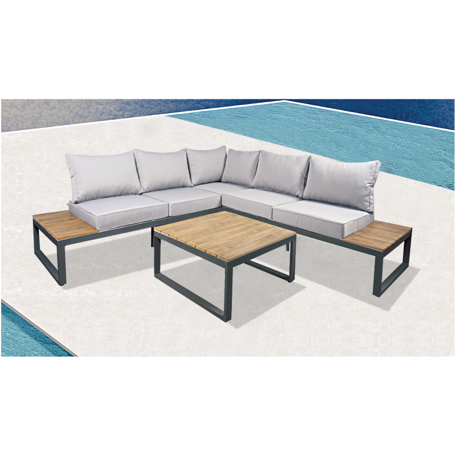 Set Σαλόνι Κήπου / Καναπές Γωνία + Τραπεζάκι / Alu Ανθρακί / Μαξιλάρια Γκρι 2