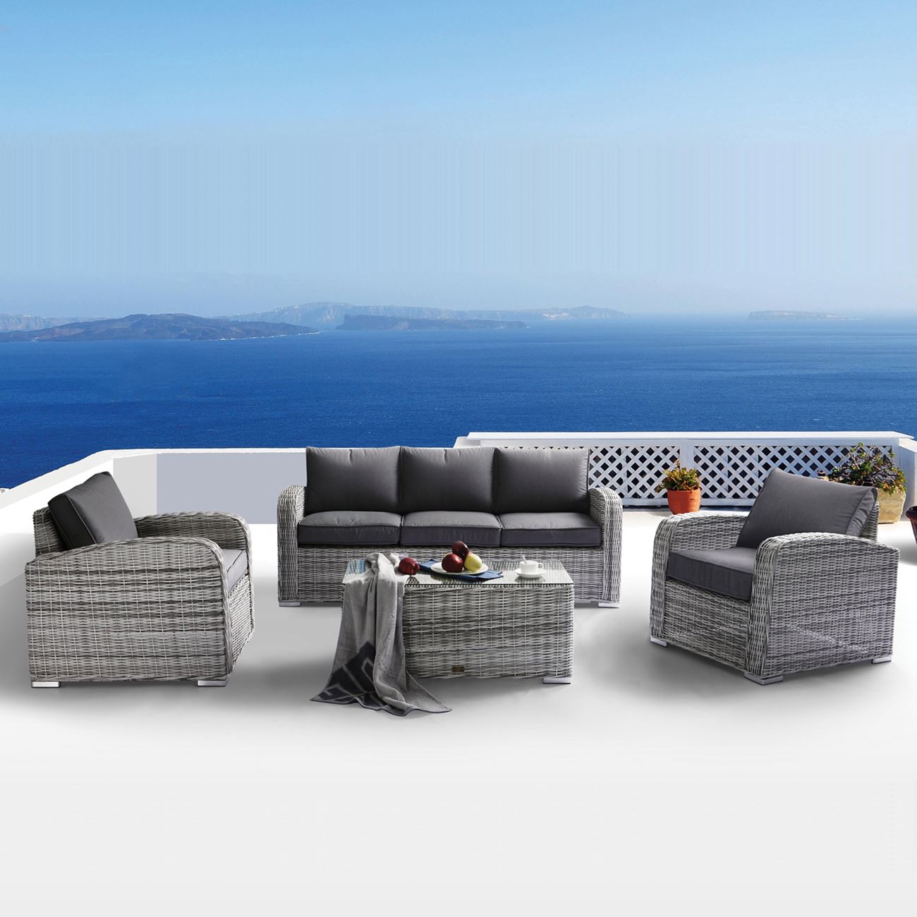 BELMAR Living Set Σαλόνι Κήπου ALU:3Θέσ+2 Πολυθρόνες+Τραπέζι Wicker Grey White,  Μαξιλ.Γκρι 2