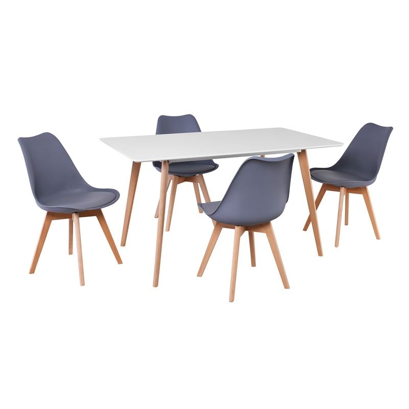 Set Τραπεζαρία: Τραπέζι + 4 Καρέκλες, MDF Άσπρο-Οξιά Φυσικό, PP & Pu Γκρι 1