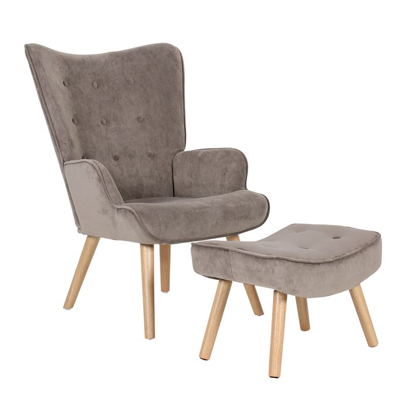 Πολυθρόνα - Μπερζέρα + Σκαμπό - Υποπόδιο / Φυσικό Ύφασμα Velure Ανοιχτό Καφέ 1