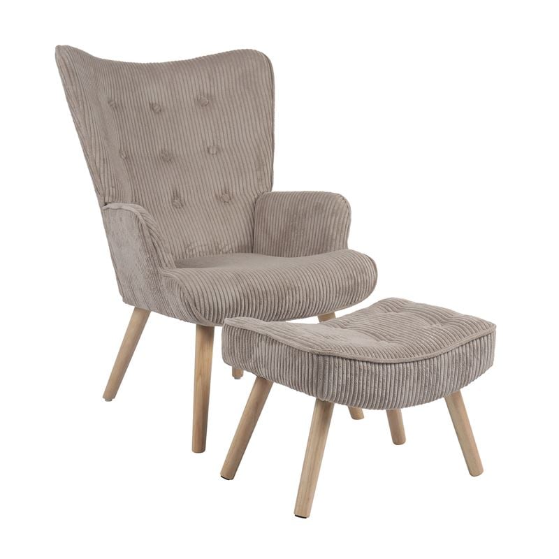 Πολυθρόνα - Μπερζέρα με Σκαμπό - Υποπόδιο Φυσικό Ύφασμα Κοτλέ Ανοιχτό Καφέ, K/D 1