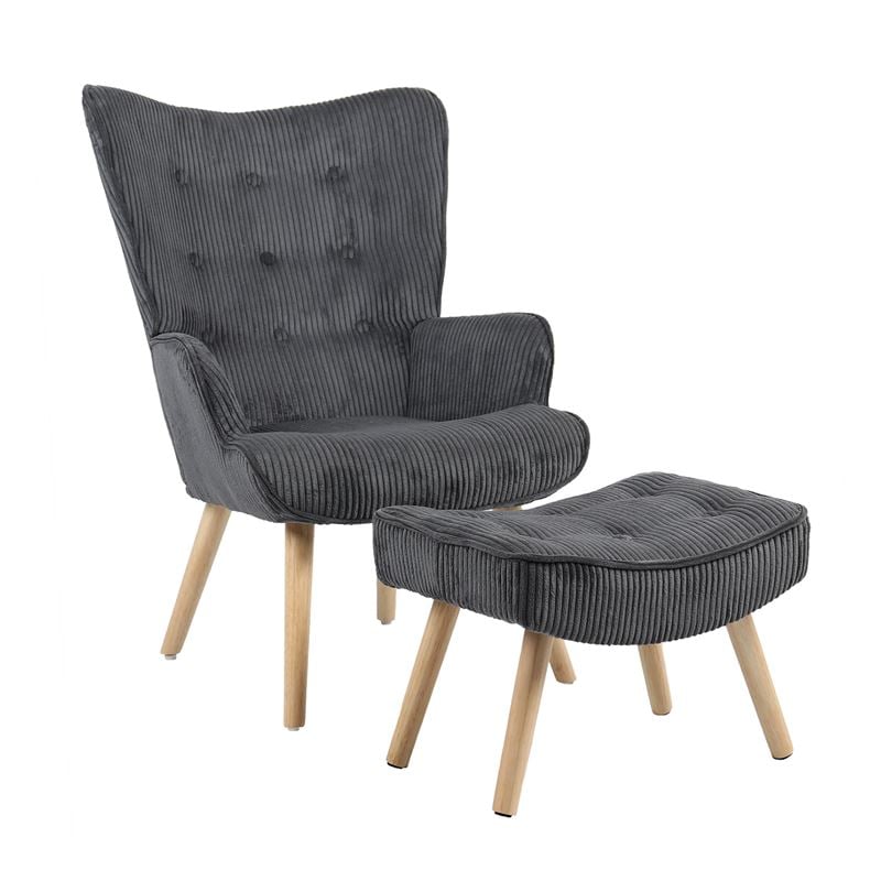 Πολυθρόνα - Μπερζέρα με Σκαμπό - Υποπόδιο Φυσικό Ύφασμα Κοτλέ Γκρι, K/D 1