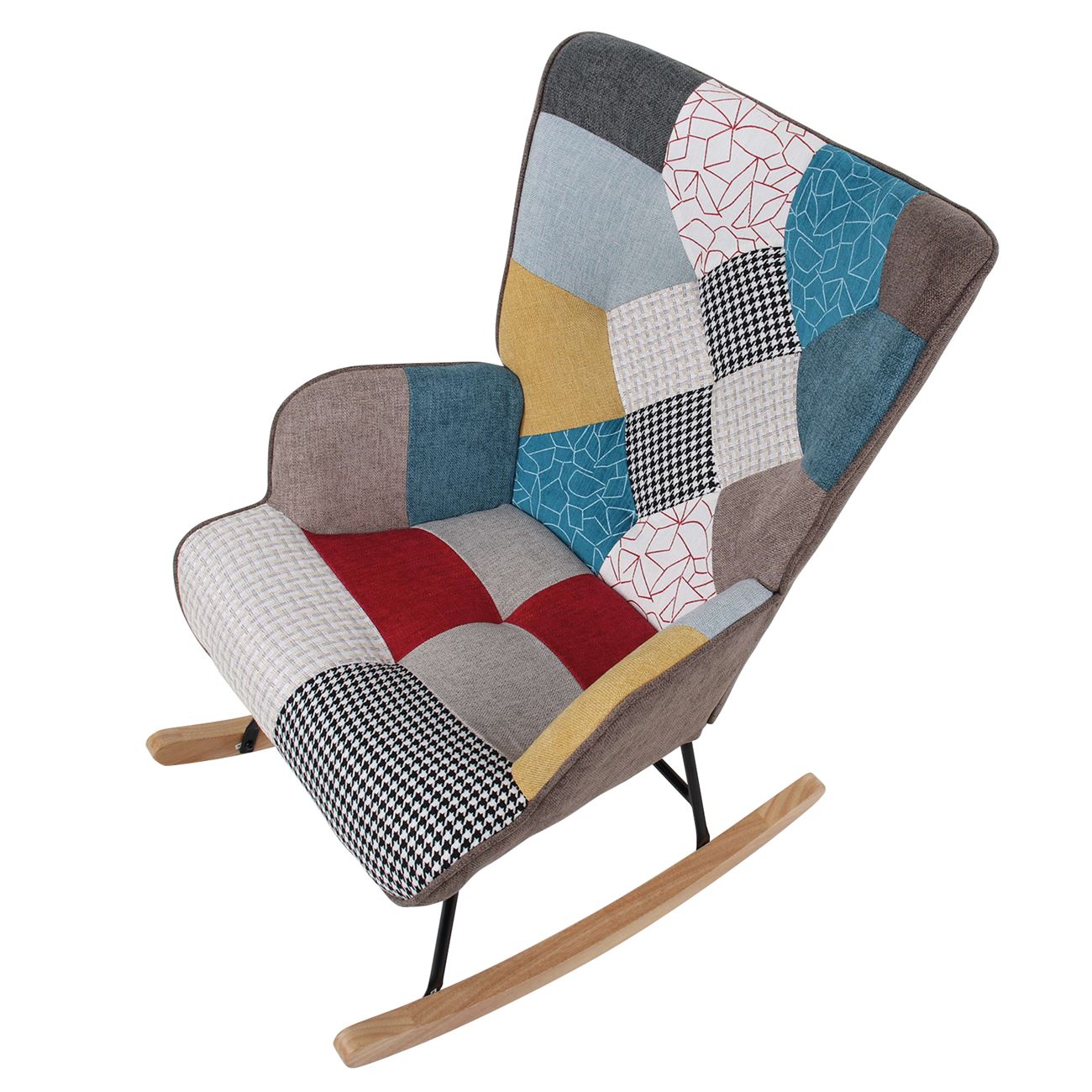 Rocking Πολυθρόνα Μπερζέρα Καθιστικού, Ύφασμα Patchwork, Βάση Μαύρο-Φυσικό 3