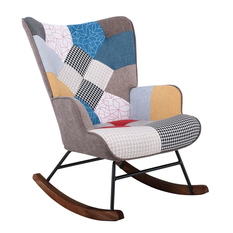 ALMA Rocking Πολυθρόνα Μπερζέρα Καθιστικού, Ύφασμα Patchwork, Βάση Μαύρο-Καρυδί 1