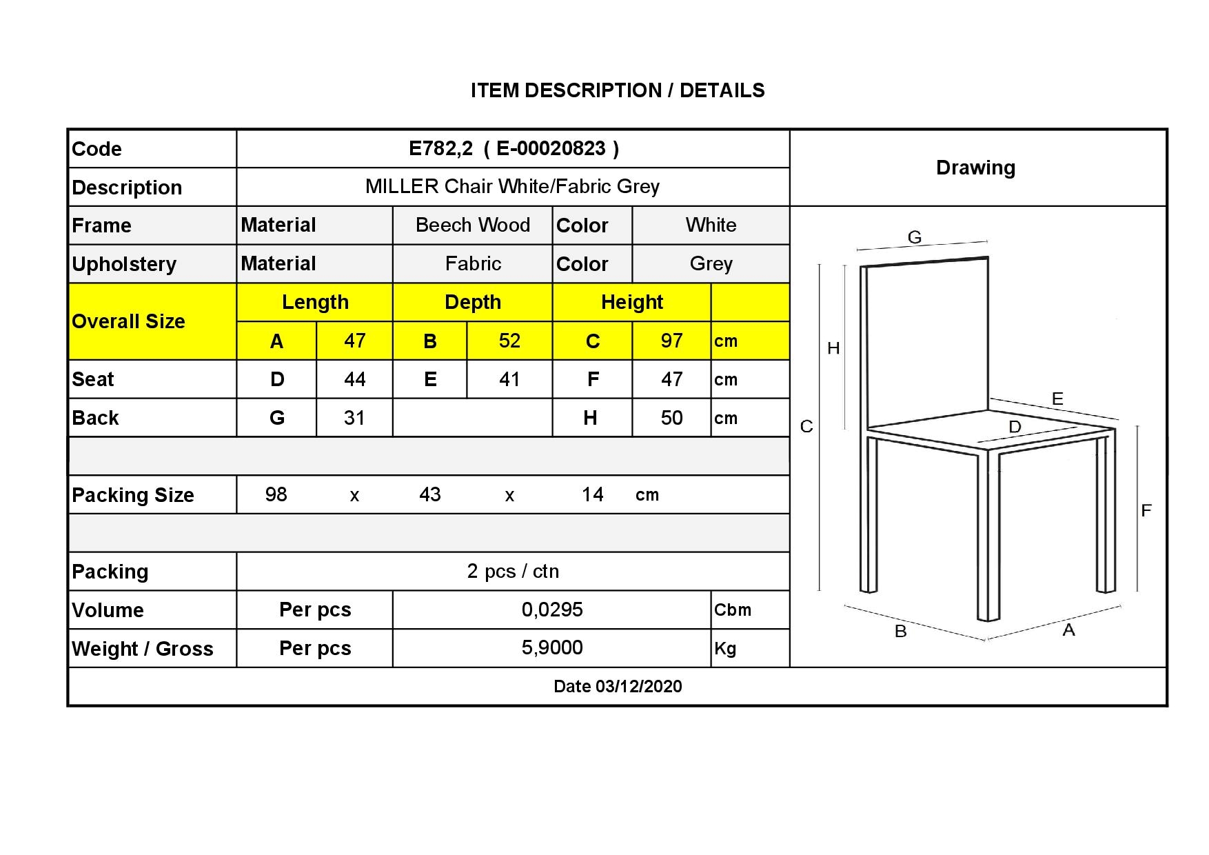 Καρέκλα Οξυά Άσπρη / Ύφασμα Γκρι 6