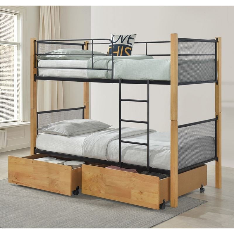 Κρεβάτι Κουκέτα Ξύλο Φυσικό, Μέταλλο Βαφή Μαύρο, με 2 Συρτάρια 1