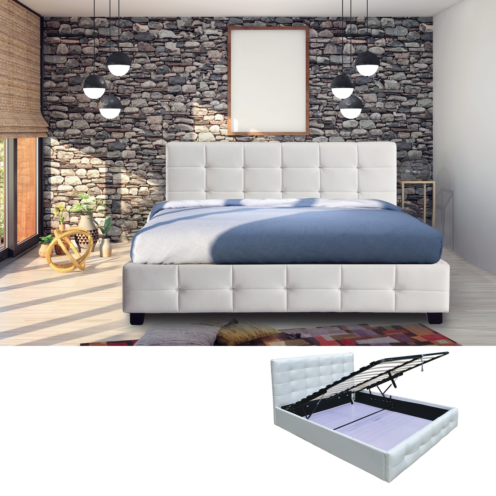 Κρεβάτι Διπλό Αποθηκευτικός Χώρος Ξύλο - PU Άσπρο 2