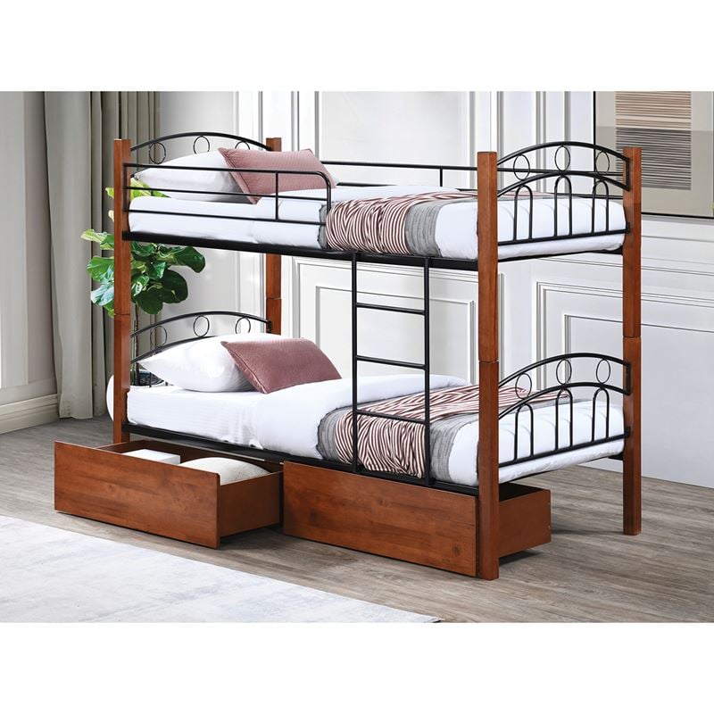 Κρεβάτι Κουκέτα με 2 Συρτάρια, Μέταλλο Βαφή Μαύρο, Ξύλο Καρυδί 1