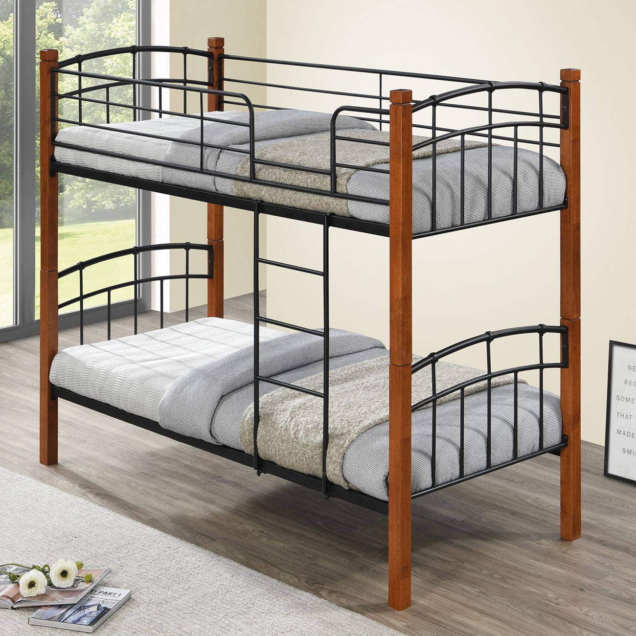 Κρεβάτι Κουκέτα Μέταλλο Βαφή Μαύρο, Ξύλο Καρυδί 2