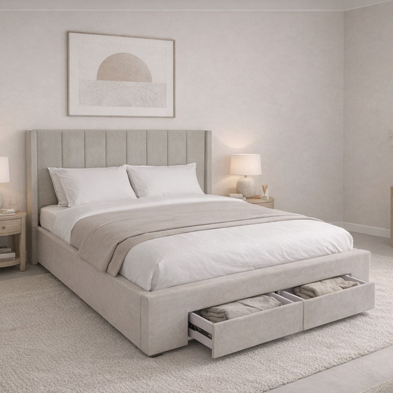 Κρεβάτι Διπλό με Αποθηκευτικό Χώρο+2 Συρτάρια, για Στρώμα 160x200cm, Ύφ.Μπεζ 2