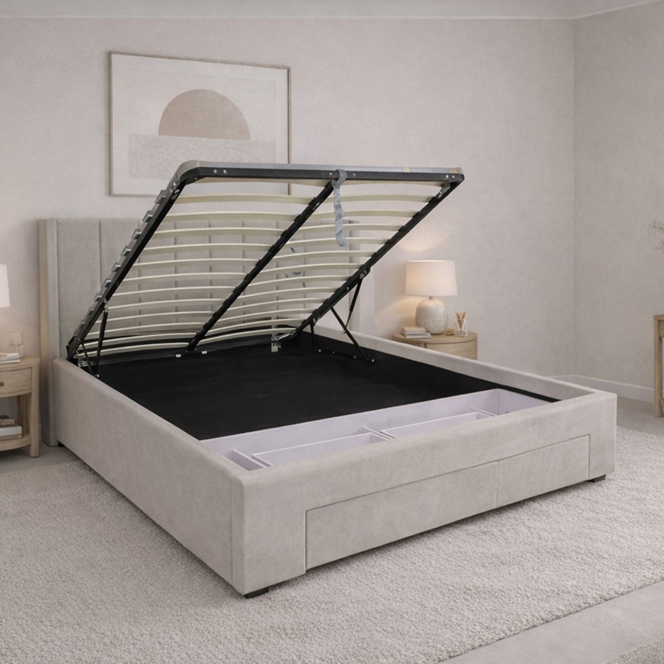 Κρεβάτι Διπλό με Αποθηκευτικό Χώρο+2 Συρτάρια, για Στρώμα 160x200cm, Ύφ.Μπεζ 3