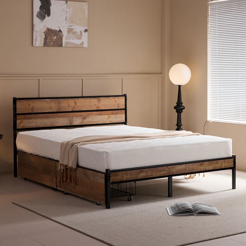 Κρεβάτι Διπλό-Συρτάρια, για Στρώμα 160x200cm, Μέταλλο Βαφή Μαύρο, Antique Oak 1