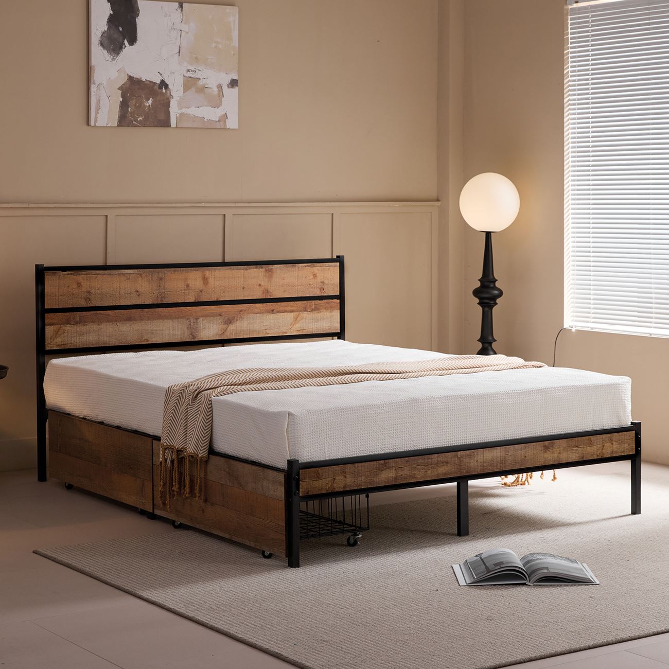 Κρεβάτι Διπλό-Συρτάρια, για Στρώμα 160x200cm, Μέταλλο Βαφή Μαύρο, Antique Oak 2