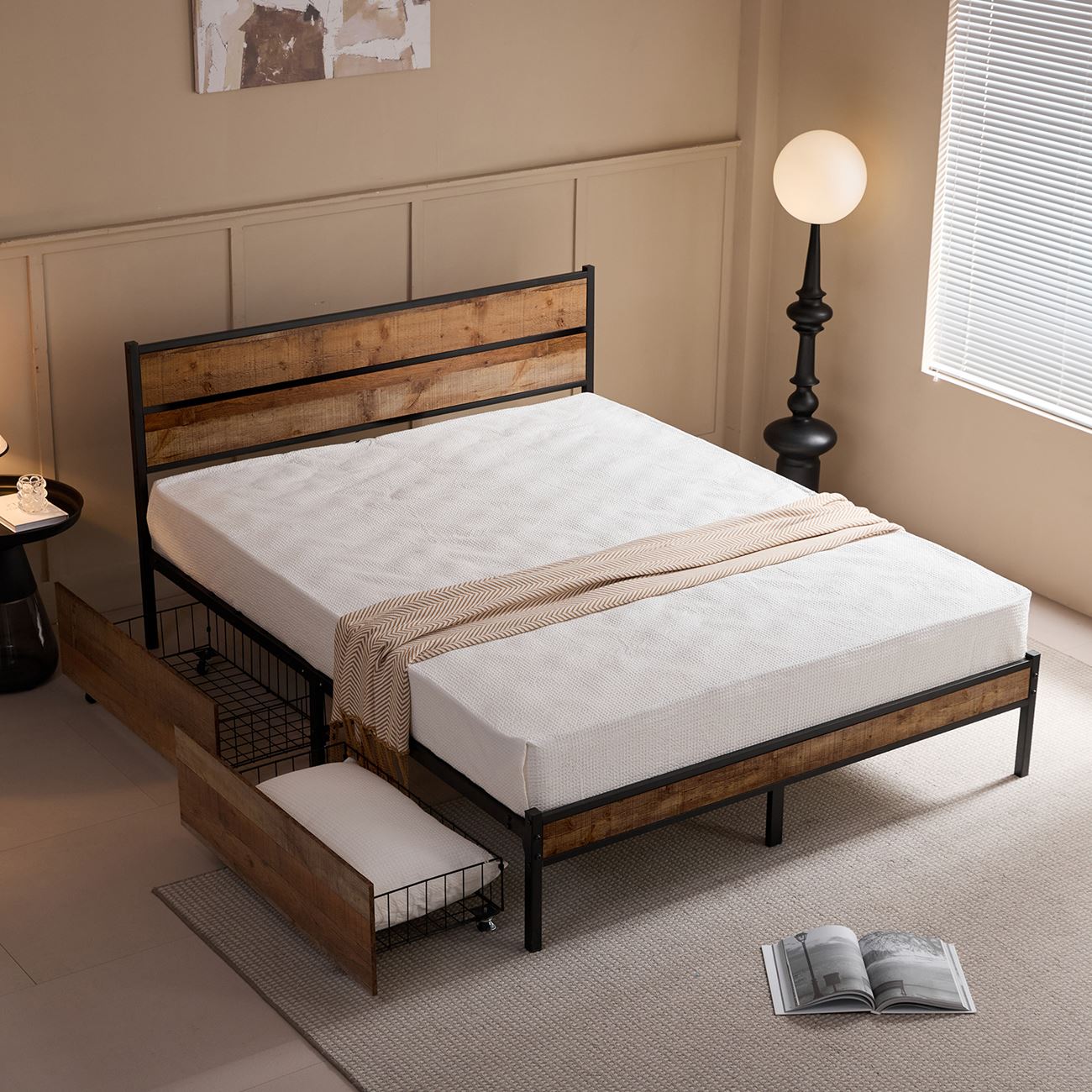 Κρεβάτι Διπλό-Συρτάρια, για Στρώμα 160x200cm, Μέταλλο Βαφή Μαύρο, Antique Oak 3