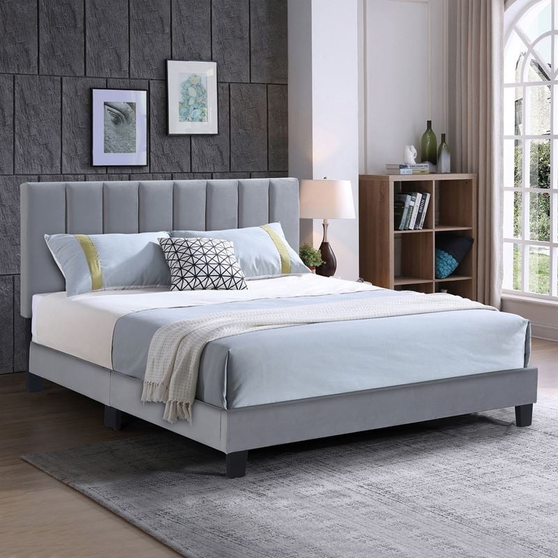 Κρεβάτι Διπλό για Στρώμα 150x200cm, Ύφασμα Γκρι, με Κεφαλάρι πολλαπλών θέσεων 1