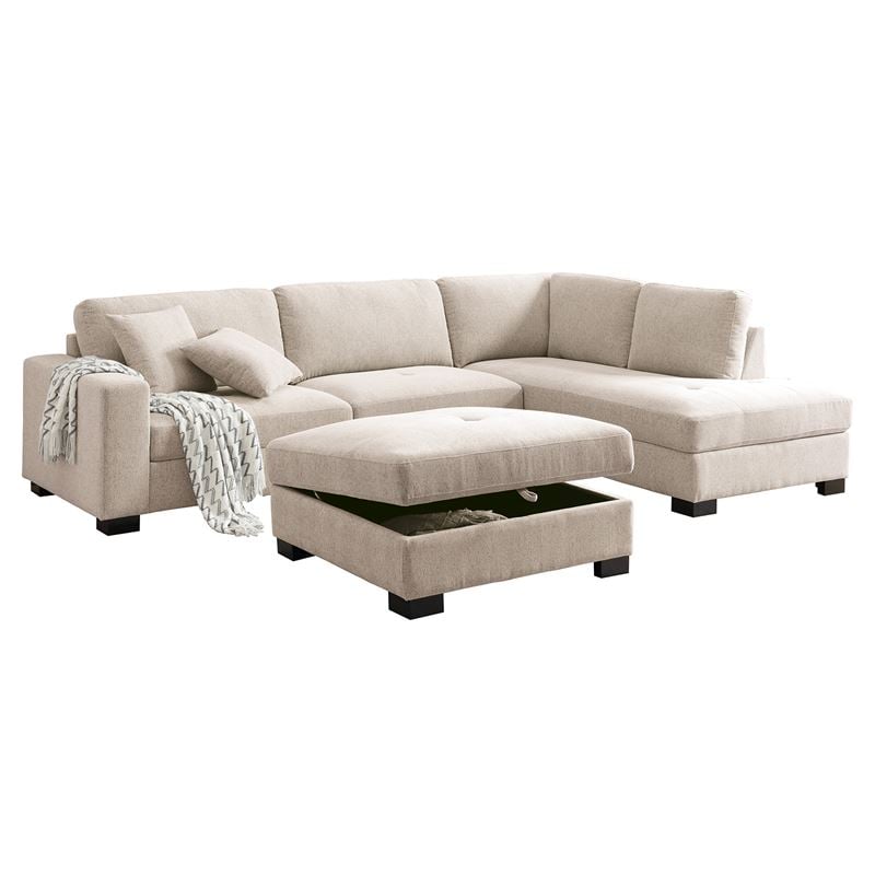 Καναπές Σαλονιού Αριστερή Γωνία με Αποθηκευτικό Σκαμπό, Ύφασμα Μπεζ 1