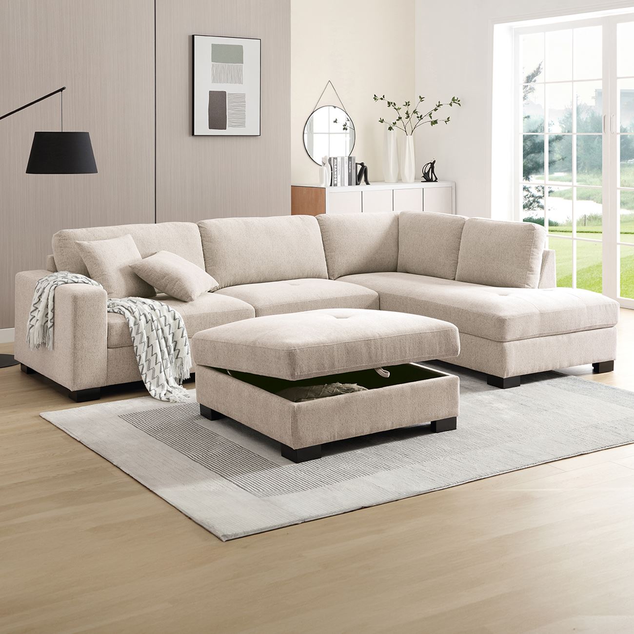 Καναπές Σαλονιού Αριστερή Γωνία με Αποθηκευτικό Σκαμπό, Ύφασμα Μπεζ 3