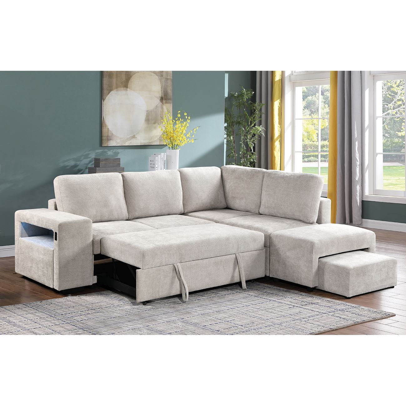 Καναπές Αριστερή Γωνία - Κρεβάτι, με Χώρους Αποθήκευσης φωτιζόμενο, Ύφασμα Μπεζ 2