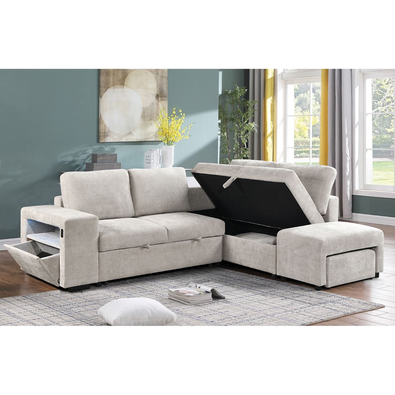 Καναπές Αριστερή Γωνία - Κρεβάτι, με Χώρους Αποθήκευσης φωτιζόμενο, Ύφασμα Μπεζ 3