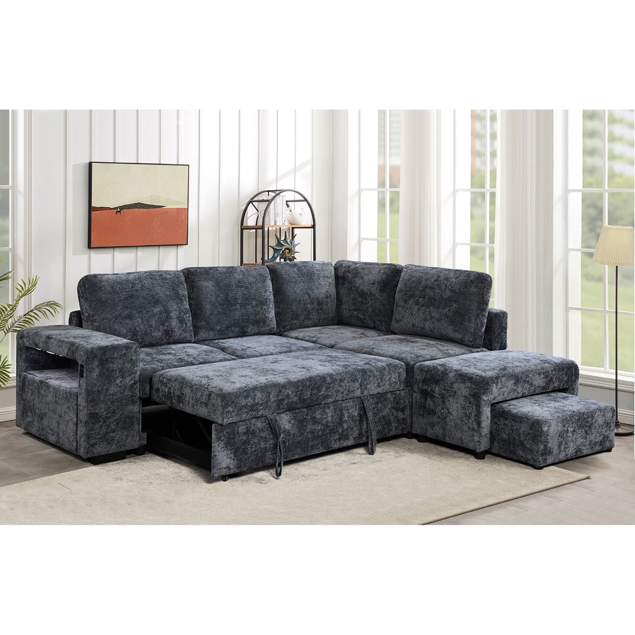 Καναπές Αριστερή Γωνία - Κρεβάτι, με Χώρους Αποθήκευσης φωτιζόμενο, Ύφασμα Ανθρακί 3
