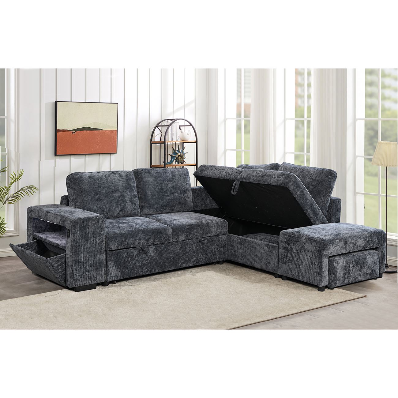 Καναπές Αριστερή Γωνία - Κρεβάτι, με Χώρους Αποθήκευσης φωτιζόμενο, Ύφασμα Ανθρακί 4