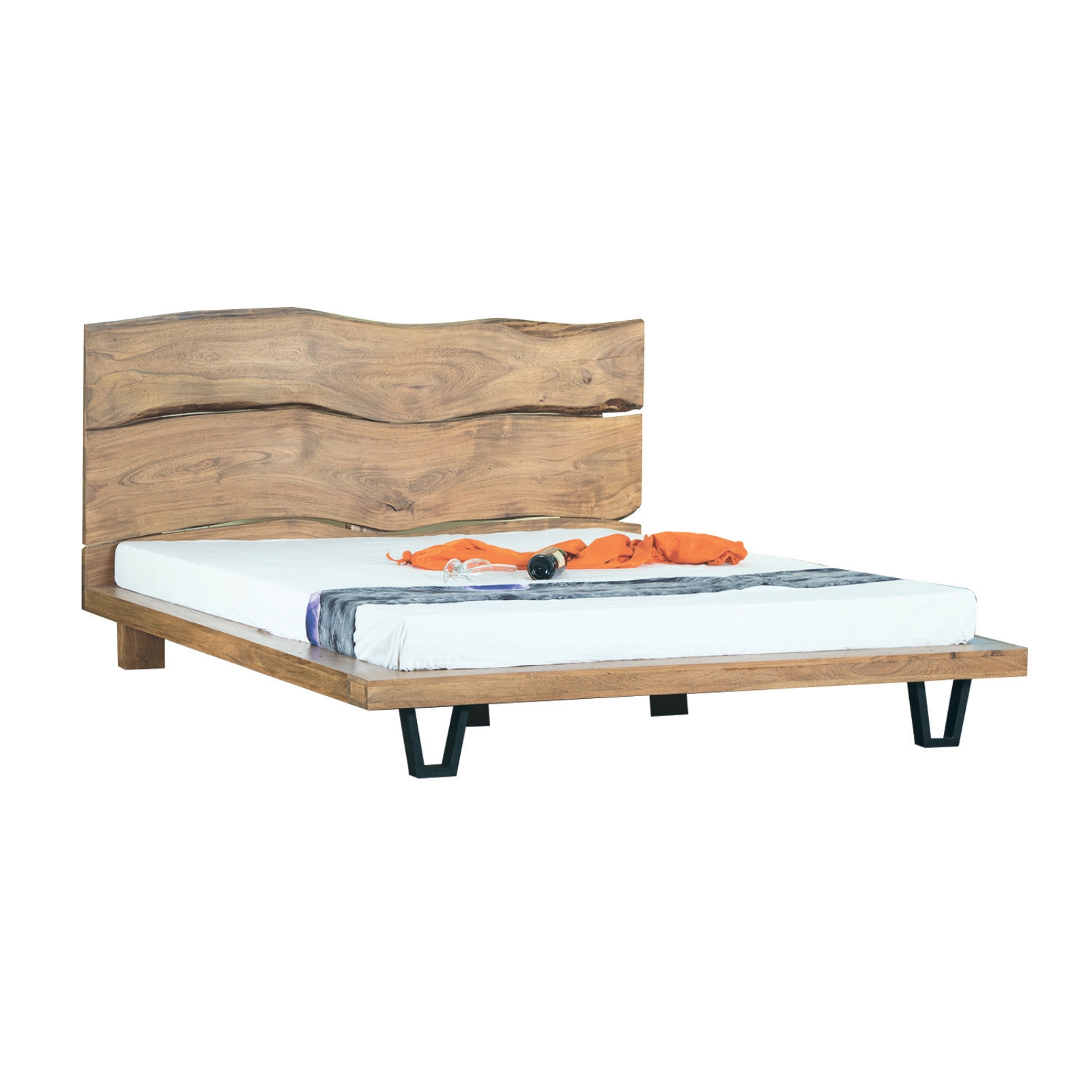 Κρεβάτι Διπλό Μέταλλο Βαφή Μαύρο / Ξύλο Ακακία Φυσικό 2