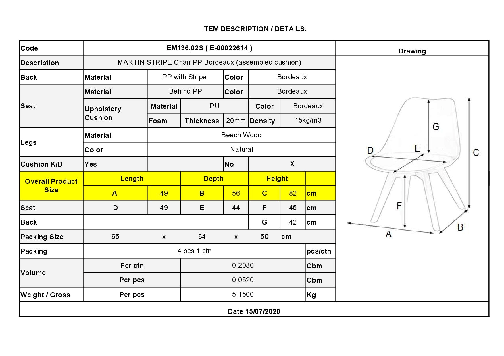 Καρέκλα Ξύλινο Πόδι / PP Μπορντώ 6