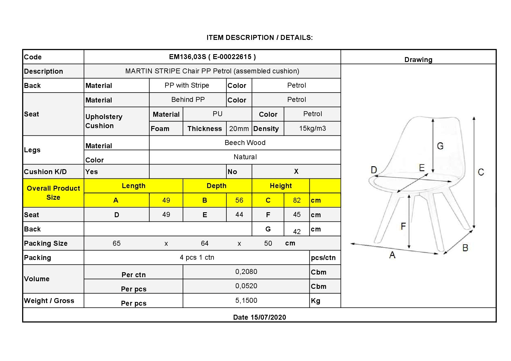 Καρέκλα Ξύλινο Πόδι / PP Petrol 6