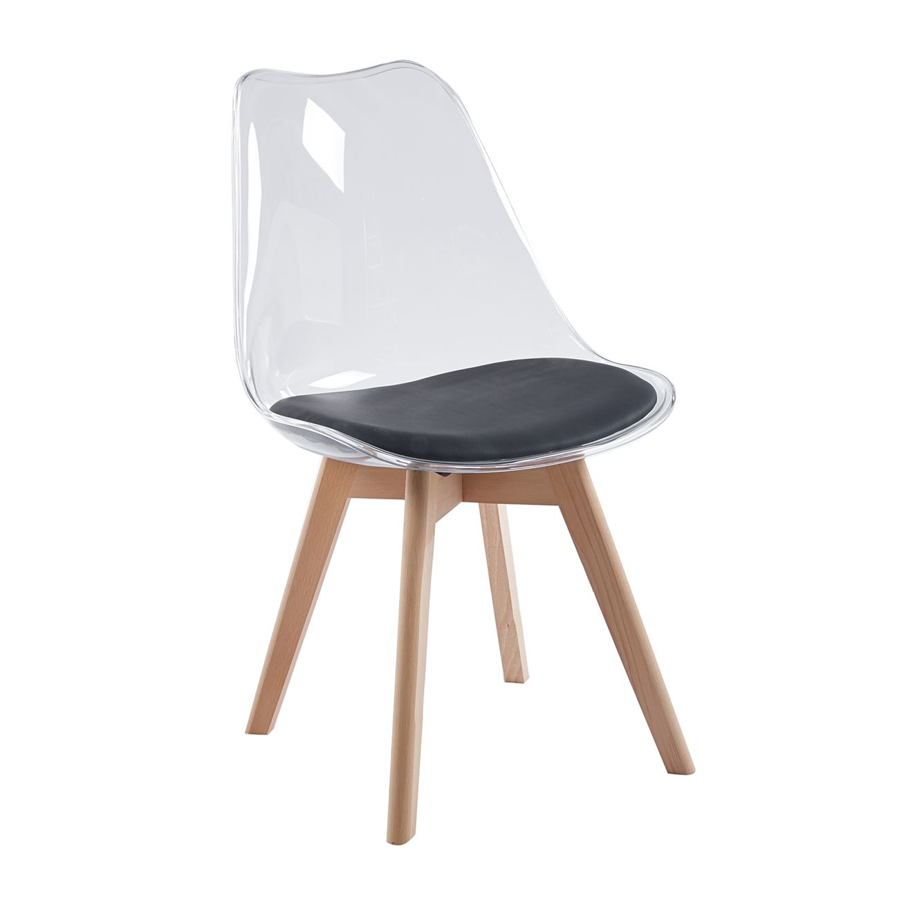 Καρέκλα Ξύλο, PET Clear, PU Μαύρο, Μονταρισμένη Ταπετσαρία 2