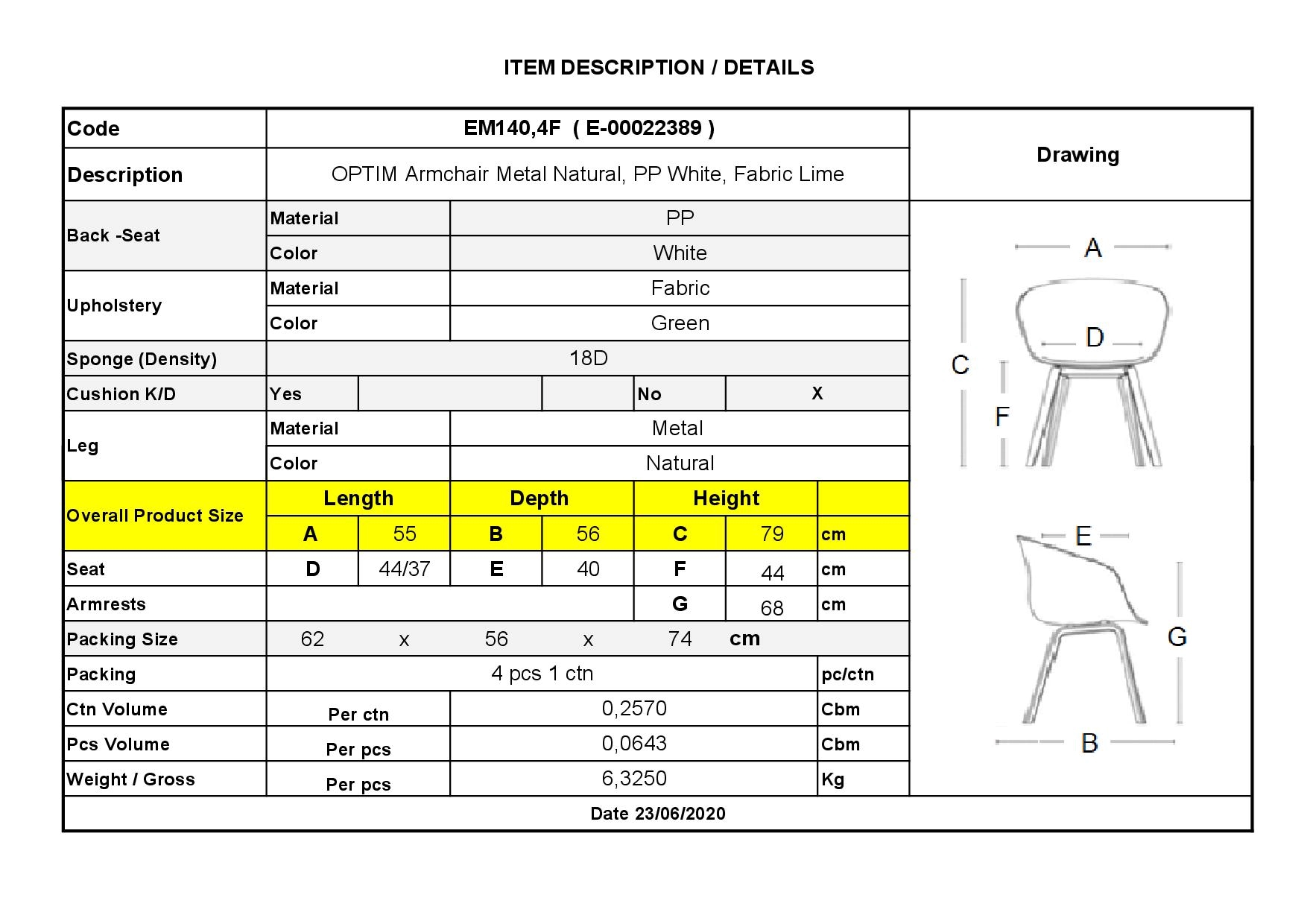 Πολυθρόνα Μέταλλο Βαφή Φυσικό / PP Άσπρο Ύφασμα Lime 6