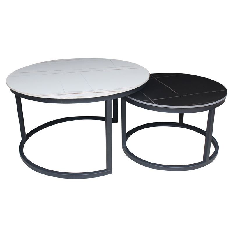 TERRY Set2 Τραπεζάκια Σαλονιού , Μέταλλο Βαφή Μαύρο, Sintered Stone White-Black Marble 1