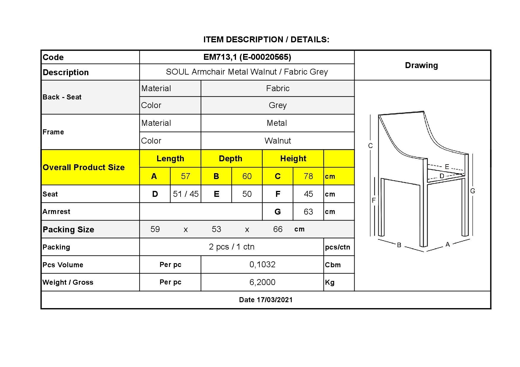 Πολυθρόνα Τραπεζαρίας Σαλονιού - Κουζίνας Μέταλλο Βαφή Καρυδί / Ύφασμα Γκρι 6