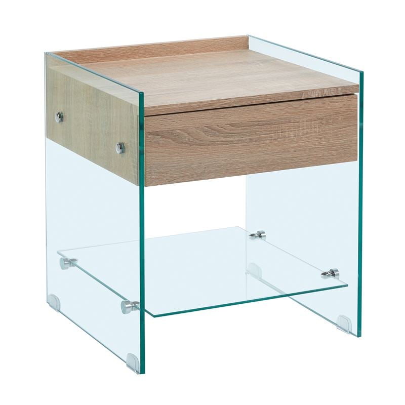 Wood Κομοδίνο Διάφανο Γυαλί 10mm - με Συρτάρι Απόχρωση Δρυς 1