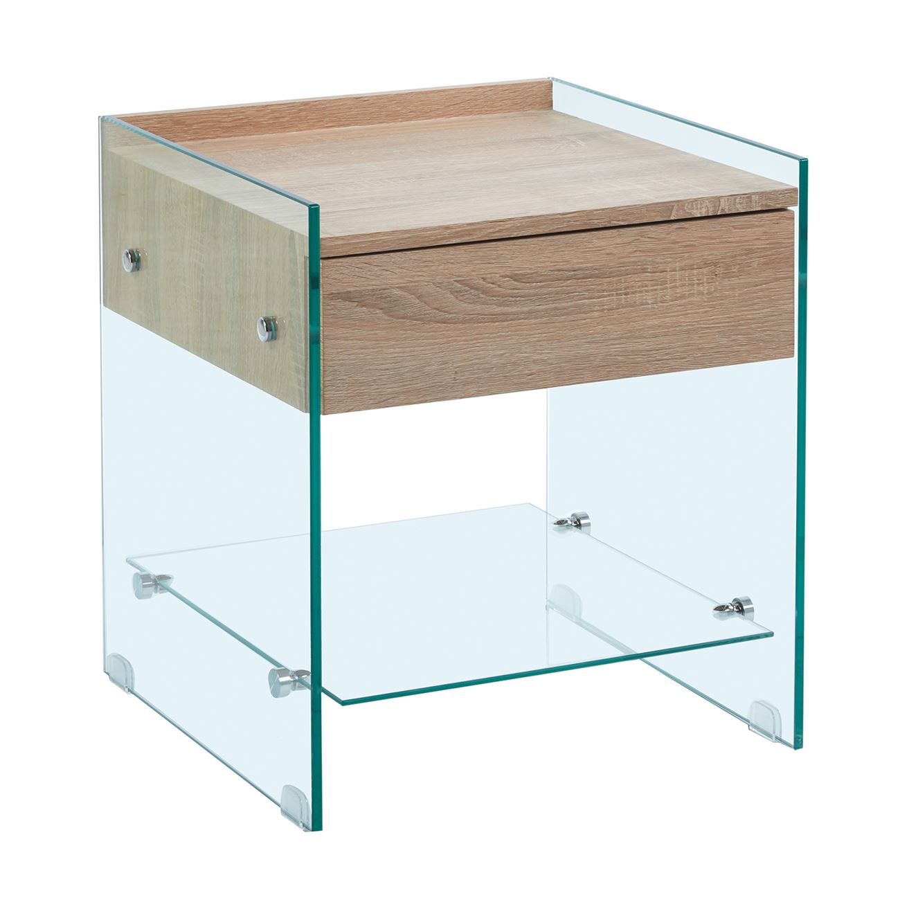 Wood Κομοδίνο Διάφανο Γυαλί 10mm - με Συρτάρι Απόχρωση Δρυς 2