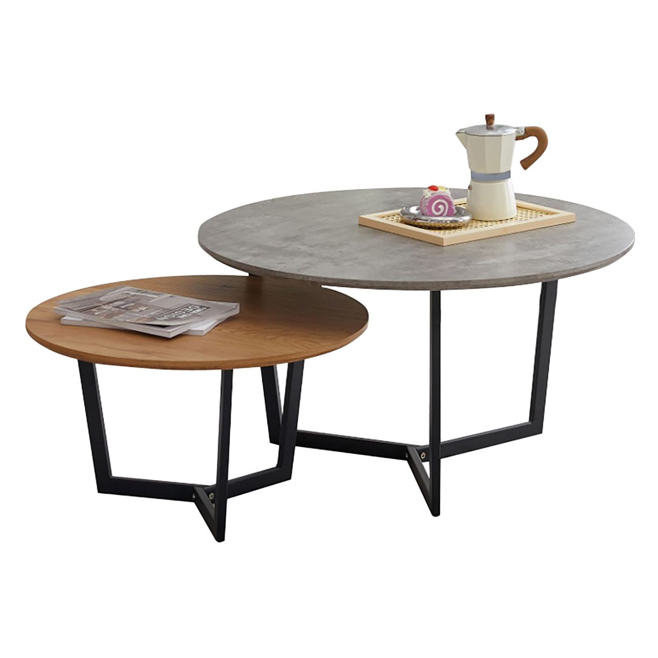 TEDDY Set-2 Τραπεζάκια Σαλονιού-Καθιστικού, Μέταλλο Μαύρο,Απόχρωση Καρυδί & Cement 2