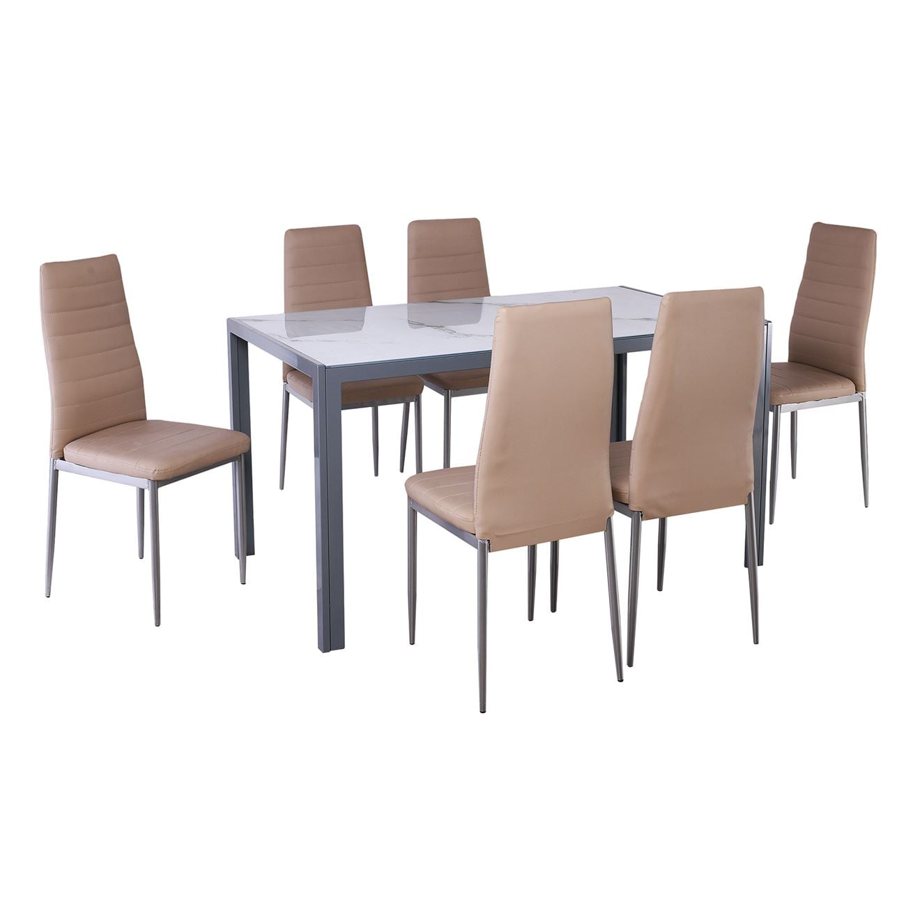 Set Τραπεζαρία: Τραπέζι + 6 Καρέκλες, Μέταλλο Γκρι - Γυαλί Marble - PVC Μπεζ 2