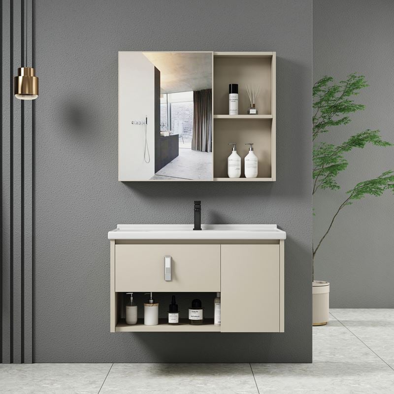 Set Έπιπλο Κρεμαστό Μπάνιου Cream, Καθρέπτης + Πάγκος με Νιπτήρα και Μπαταρία 1