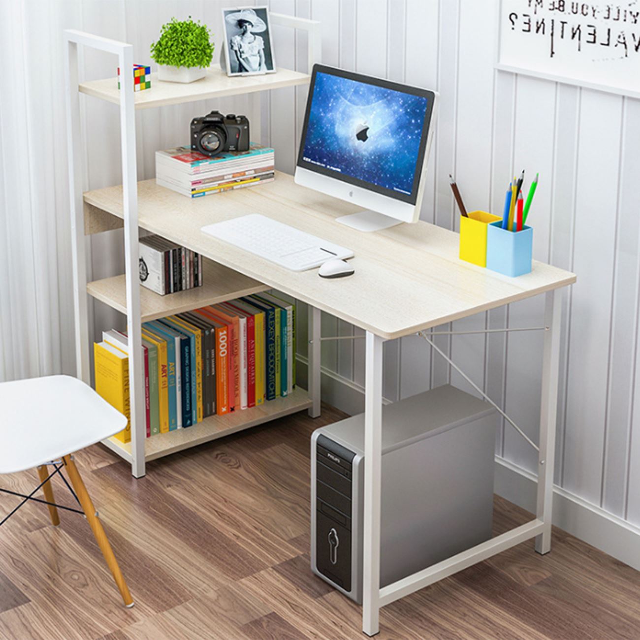 ΓΡΑΦΕΙΟ Η/Υ 4 Ράφια Μέταλλο Βαφή Άσπρο - Melamine Απόχρωση Maple 2