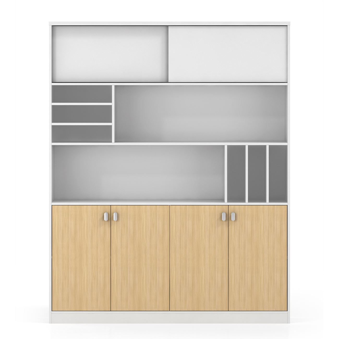 Βιβλιοθήκη Γραφείου, 2 Ράφια, 2 Ντουλάπια Δίφυλλα & 1 επάλληλο, Απόχρ.Beech -Άσπρο 3