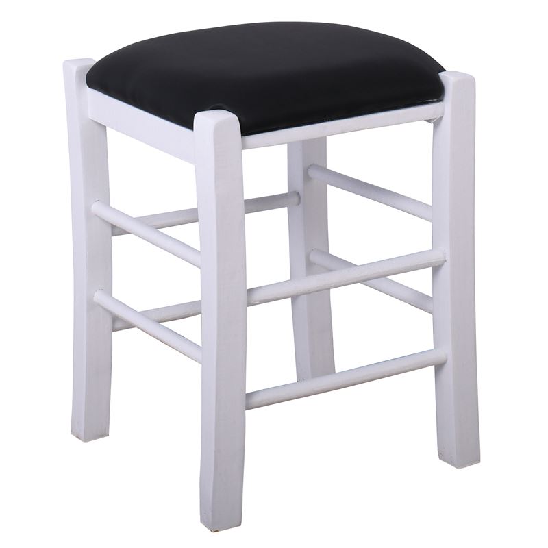 ΤΑΒΕΡΝΑΣ Σκαμπό Βοηθητικό, Οξιά Βαφή Εμποτισμός Λάκα Άσπρο, Κάθισμα Pu Μαύρο 1