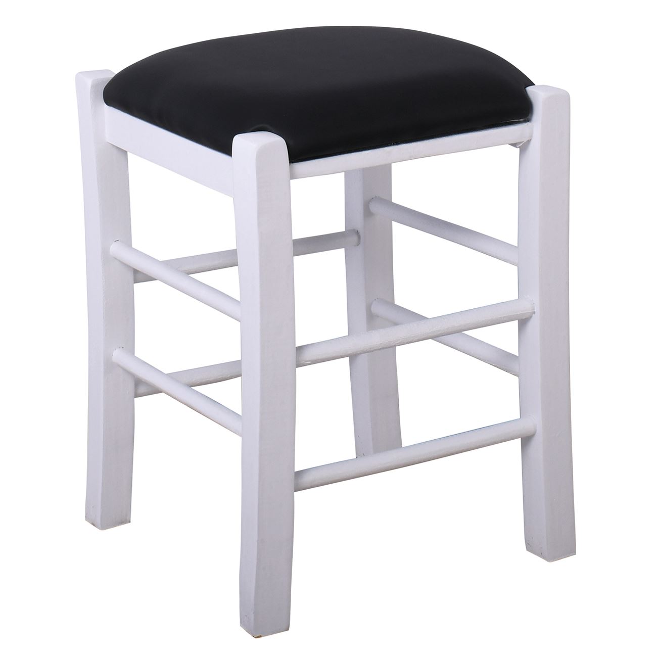 ΤΑΒΕΡΝΑΣ Σκαμπό Βοηθητικό, Οξιά Βαφή Εμποτισμός Λάκα Άσπρο, Κάθισμα Pu Μαύρο 2