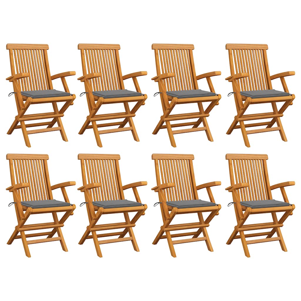 Καρέκλες Κήπου 8 τεμ. Μασίφ Ξύλο Teak με Γκρι Μαξιλάρια 1