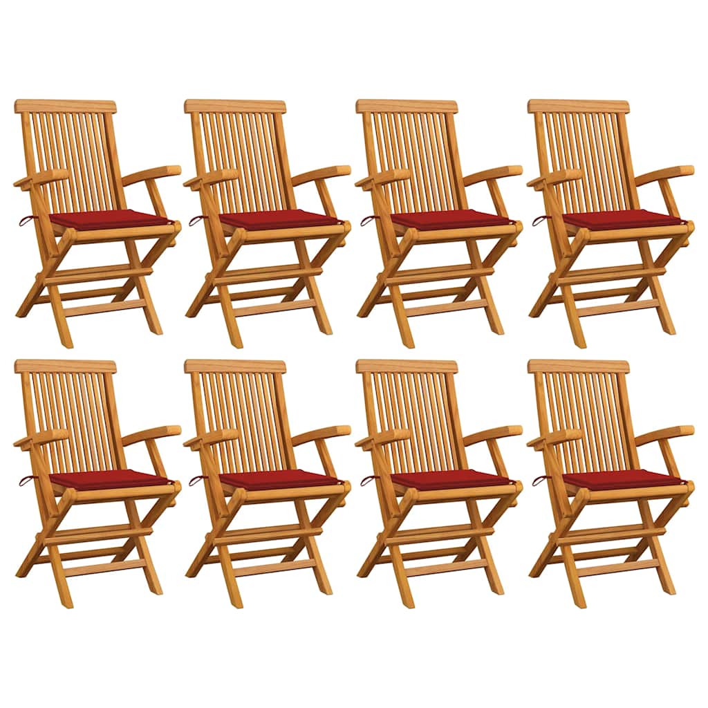 Καρέκλες Κήπου 8 τεμ. από Μασίφ Ξύλο Teak με Κόκκινα Μαξιλάρια 1