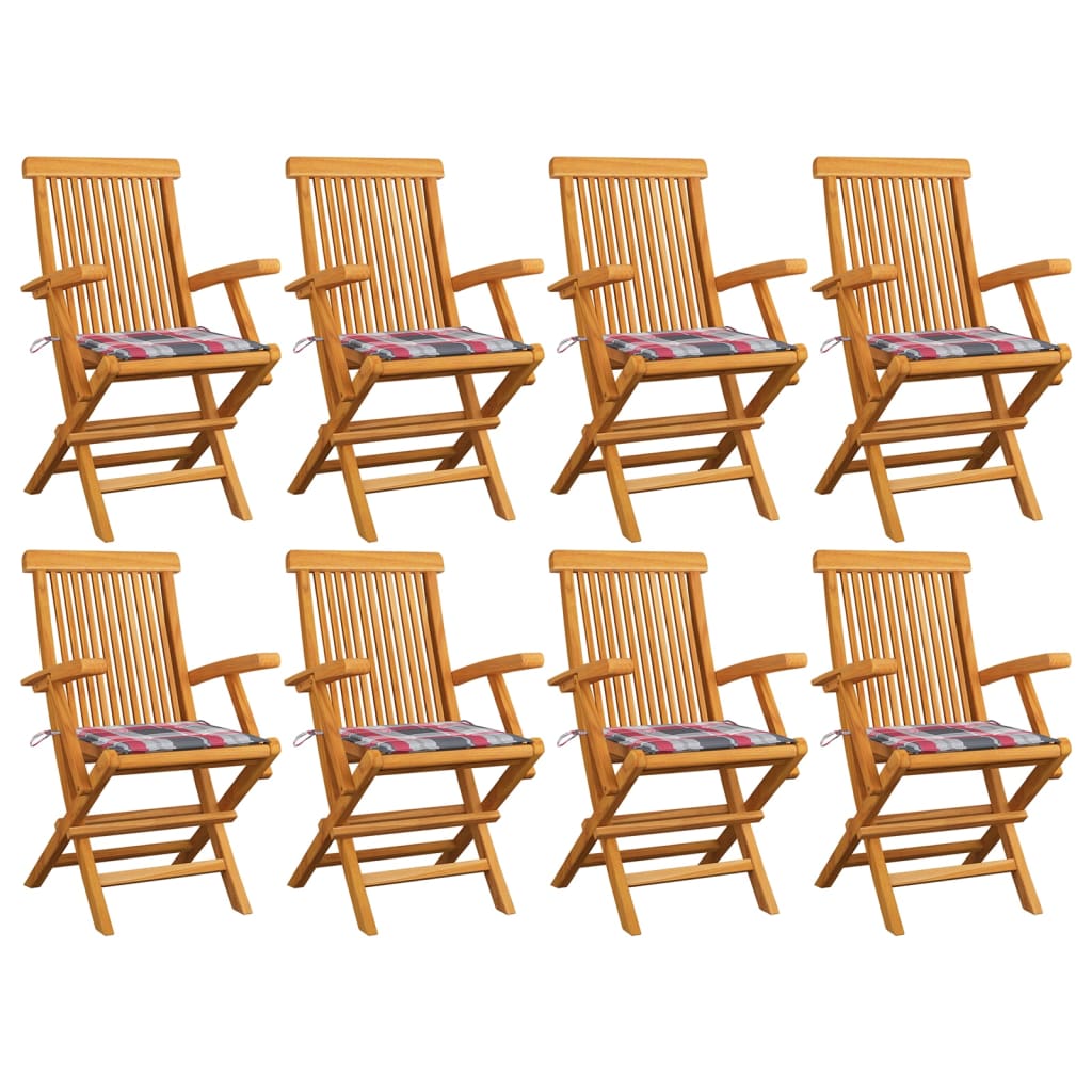 Καρέκλες Κήπου 8 τεμ Μασίφ Ξύλο Teak με Κόκκινα Καρό Μαξιλάρια 1