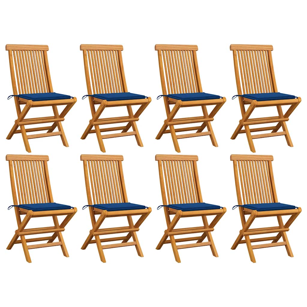 Καρέκλες Κήπου 8 τεμ από Μασίφ Ξύλο Teak με Μπλε Ρουά Μαξιλάρια 1