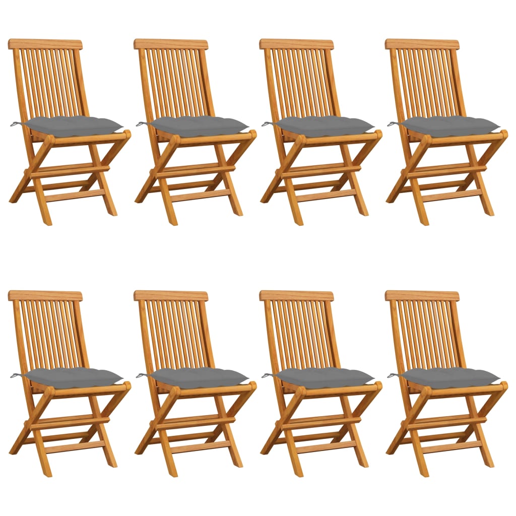 Καρέκλες Κήπου 8 τεμ. Μασίφ Ξύλο Teak με Γκρι Μαξιλάρια 1