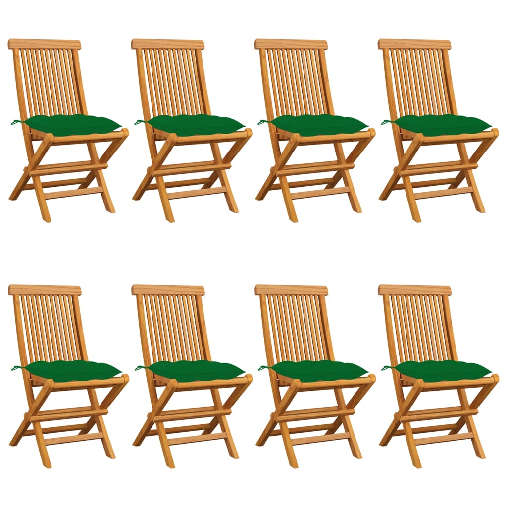 Καρέκλες Κήπου 8 τεμ. Μασίφ Ξύλο Teak με Πράσινα Μαξιλάρια 1